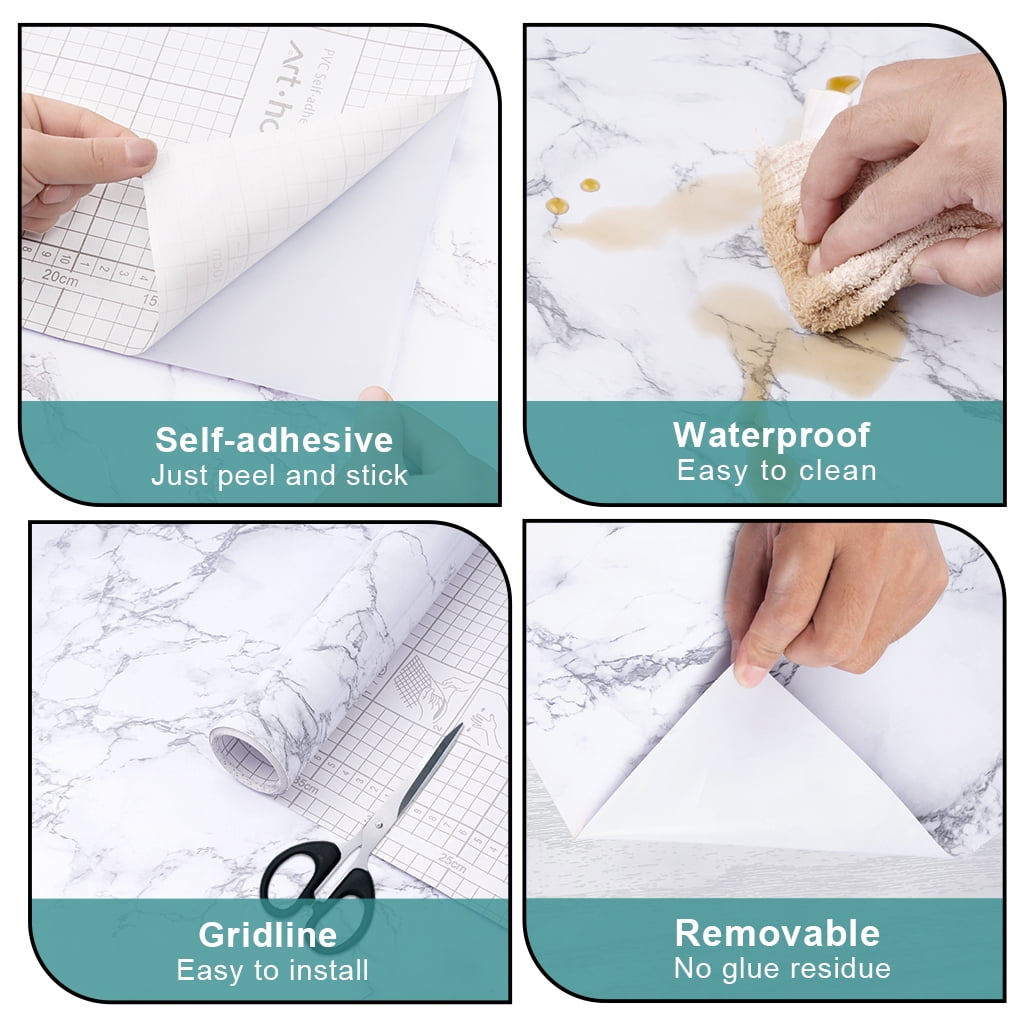 Arthome Marble Paper,11.8x100 inch Self Adhesive Wallpaper Waterproof Gloss PVC Vinyl, Oil Proof,White/Gray Granite Paper,Marble Vinyl Paper for Furniture Cover Surface,Countertop,Kitchen,Shelf Liner