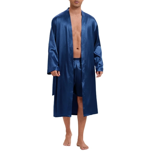 INSPIRE CHIC Satin Robe for Men's Nightwear Long Sleeve Kimono Bathrobe Sleepwear with Shorts Set M Navy Blue