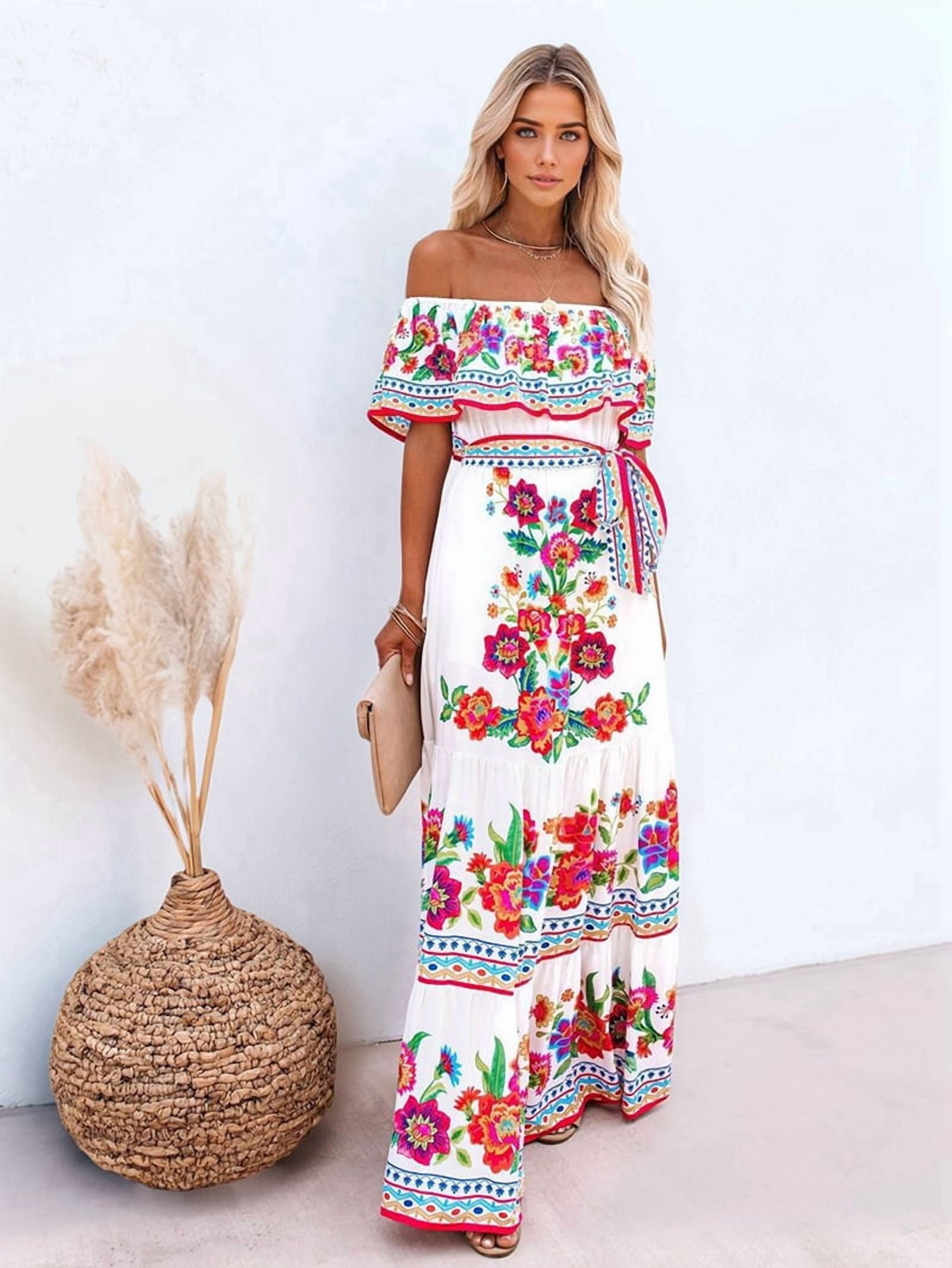 Women's Mexican Maxi Dress Off the Shoulder Sleeveless, Floral Print Long Beach Dress for Summer, Bohemian Vacation White & Red L