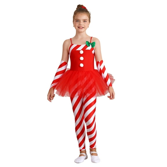 Zaldita Kids Girls Christmas Cosplay Jumpsuit Candy Cane Sleeveless One Piece Bodysuit for Stage Red 8