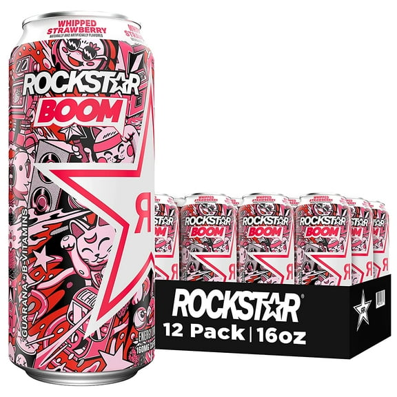 Rockstar Boom! Whipped Strawberry Energy Drink, 16 fl oz, 12 Pack Cans