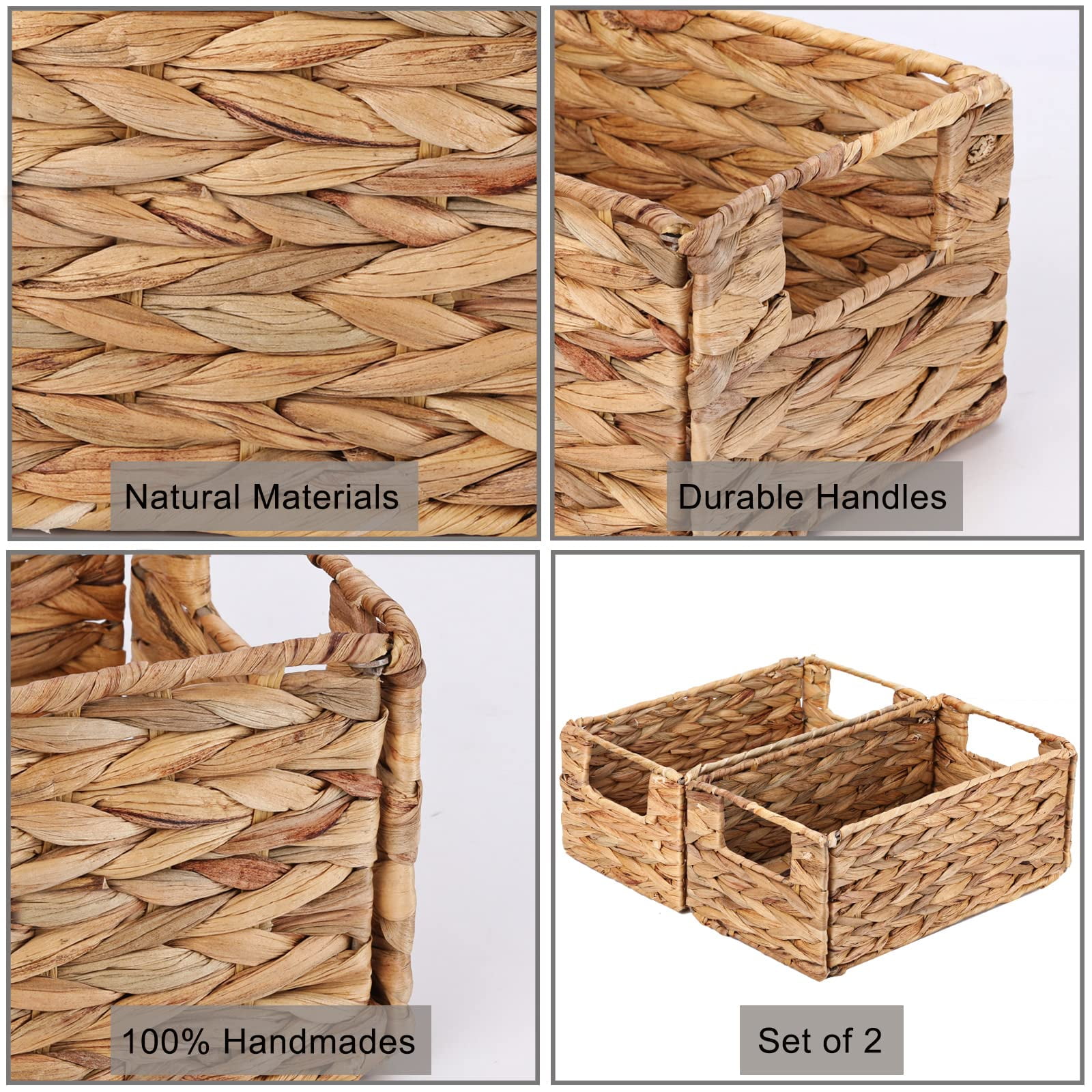 Bevtee Wicker Storage Basket, 2 Pack Hand-Woven Water Hyacinth Storage Basket for Shelves, Foldable Cube Organizer Bins