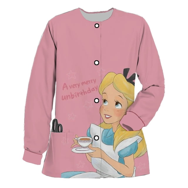 Chaqueta de uniforme de enfermera para mujer, estampado de Disney, Alicia en el país de las Maravillas, manga larga, cuello redondo, Top exfoliante, abrigo Dental, primavera y otoño