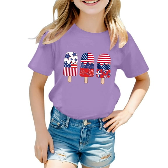 Little Kid Girl's 4th Of July Patriotic Short Sleeve T Shirt Cute Independence Day Flag Print Tee Comfortable Casual Summer Top For Toddler Kids Undershirts for Toddler Girls 3-4 Years Purple