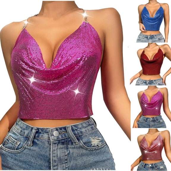 Felirenzacia Women's Glossy Halter Neck Cropped Tank, Hot Pink,S