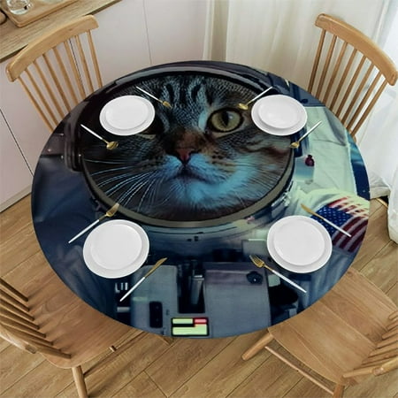 

Palnkart Space Cat Round Table Cover Stain Resistant Washable Indoor Outdoor Tablecloth Kitchen Dining Wedding Parties Outdoor Fitted 100% Polyester Fiber 42-46