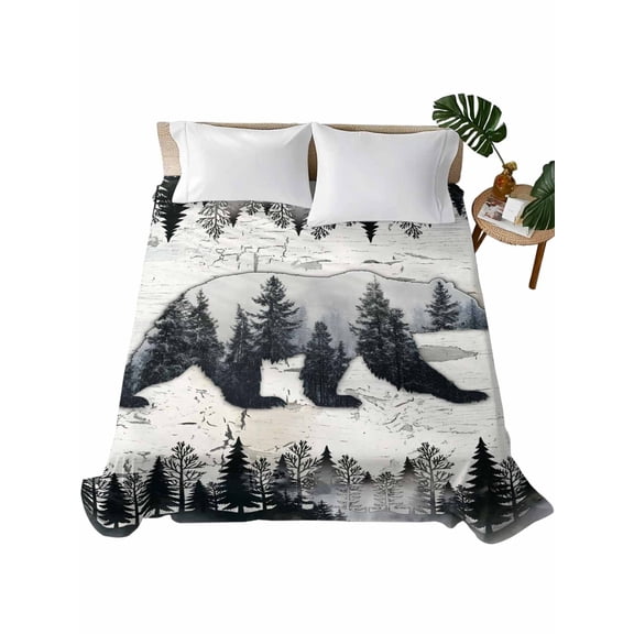 Queen Flat Sheet Forest Bear Flat Sheets Only Soft Breathable Microfiber Bedding Top Sheets Luxury Hotel Quality Animal Retro Pine Tree Woodland Queen Bed Sheet for All Season Bedroom Dorm