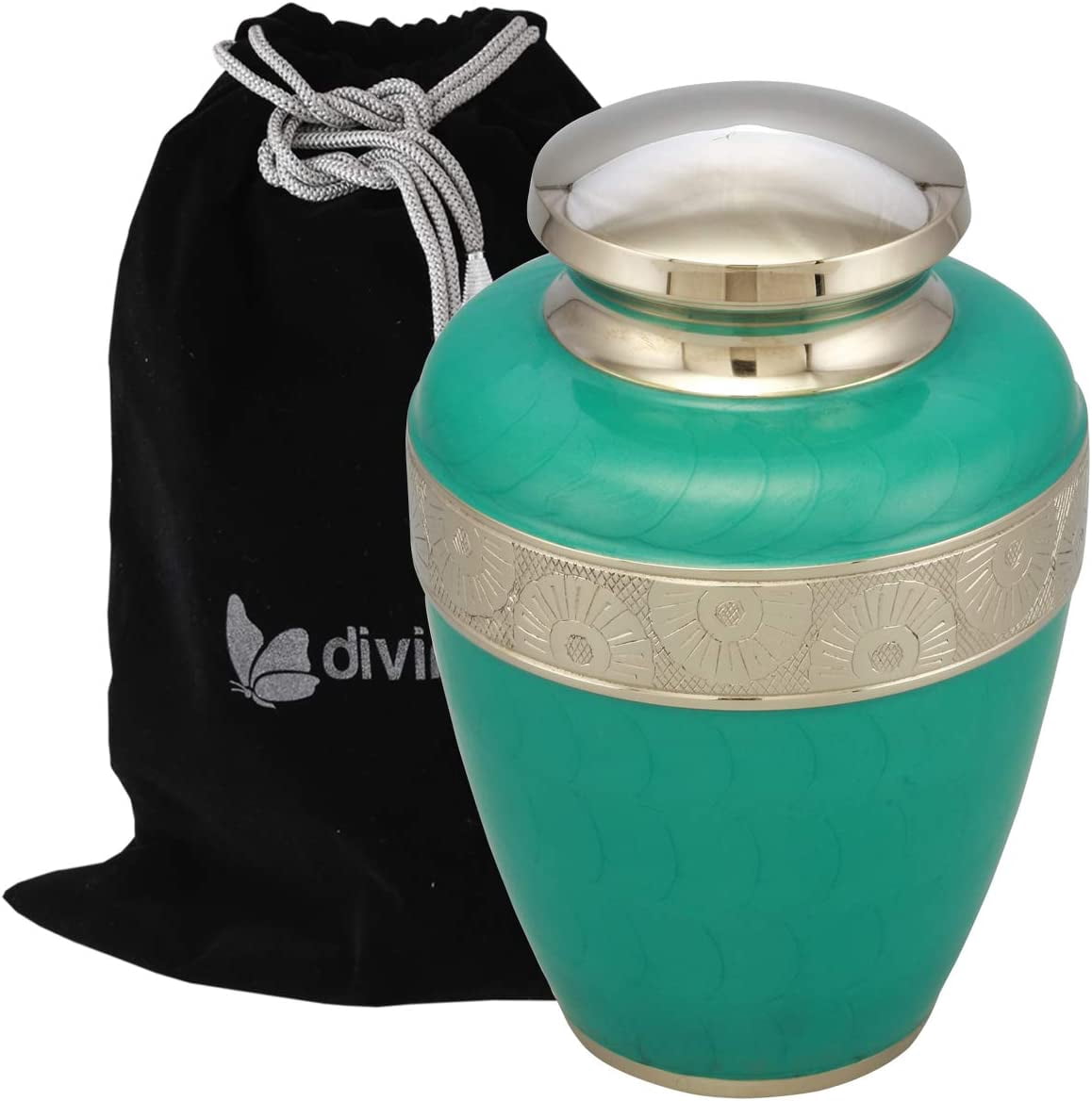 Classic Avalon Cremation Urn with Silver Sunflower Bands - 100% Handcrafted Adult Urn - Solid Metal Large Urn for Human Ashes - Funeral Urn with Free Bag (Teal)