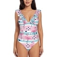 thumbnail image 2 of Fotbe Pink Striped Flamingo Women's Tummy Control Swimsuits Slimming One Piece Bathing Suit Ruffle Wrap V Neck Swimwear-, 2 of 8
