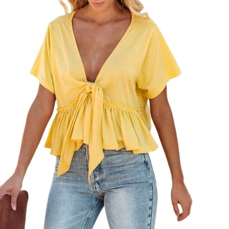 Valcatch Women Bow Tie Front Shirt Top Cute Short Sleeve Y2K Peplum Ruffle Babydoll Blouse Lace Up Summer Going Out