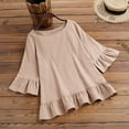 thumbnail image 4 of RYRJJ Plus Size Linen Cotton Peplum Tops for Women Dressy Casual Crewneck 3/4 Ruffle Sleeve Babydoll Tops Summer Loose Fit Shirts Khaki 5XL, 4 of 7