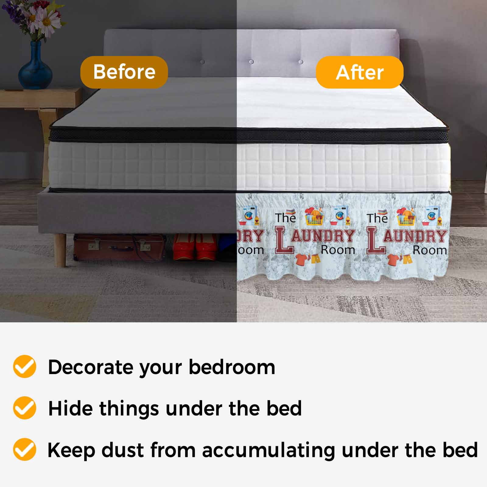 Laundry Room Bed Skirt Queen Size, Blue Cartoon Washing Machine Clothes Wrap Around Bed Skirting with Adjustable Elastic Strap, Dust Ruffle Pleated Bedskirts 16 Inch Drop for Bedroom Queen Beds