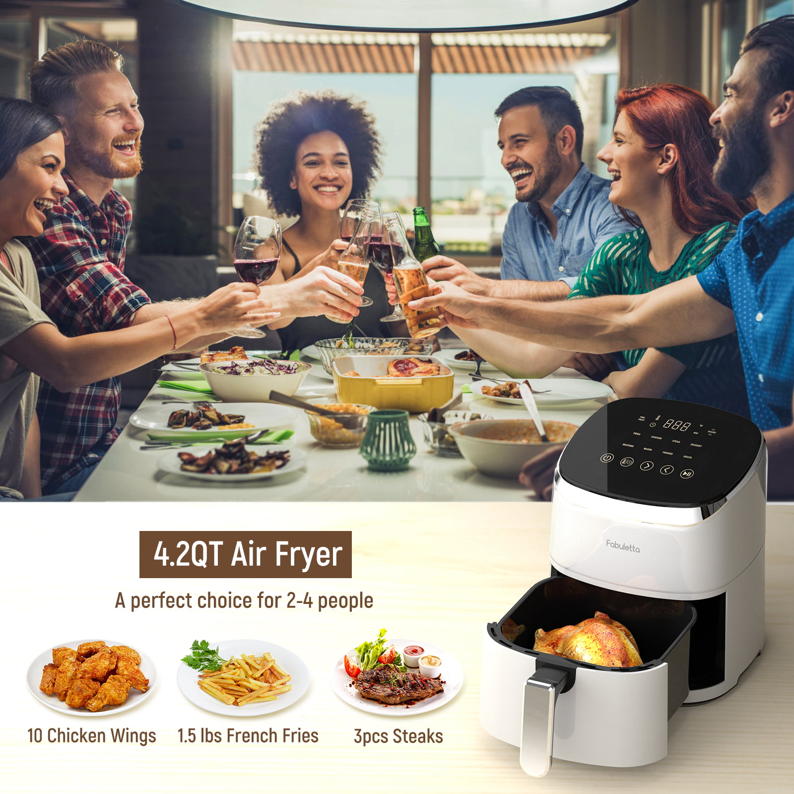 Air Fryers 4 Qt, Fabuletta 9 Cooking Functions Smart Air Fryers,  Shake Reminder, Powerful 1550W Electric Hot Air Fryer,Tempered Glass  Display, Dishwasher-Safe & Nonstick, Quiet, Fit for 2-4 People : Home