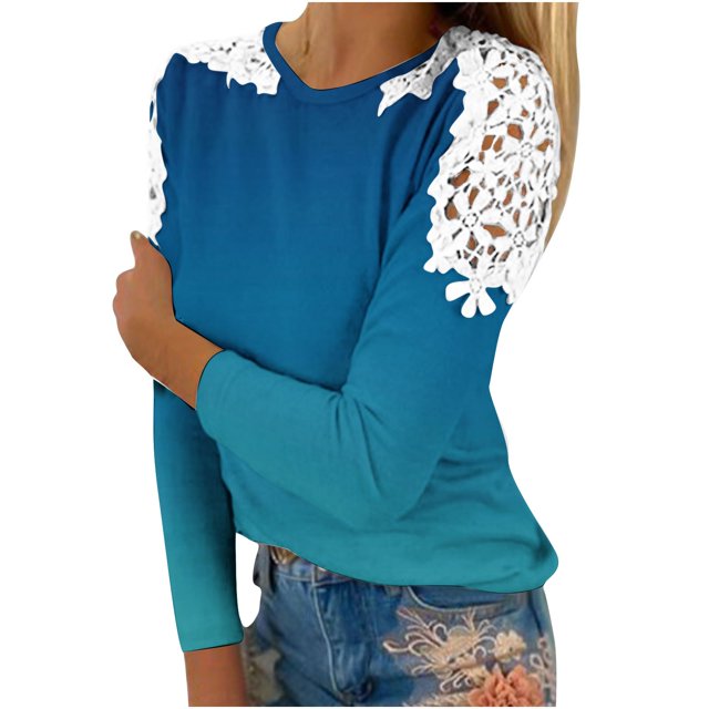 CEHVOM Blouse d'Été Décontractée à Manches Longues pour Femmes Col Rond Imprimé Dentelle T-Shirt Liquidation
