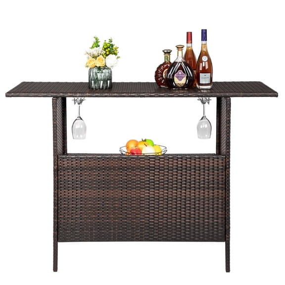 Wicker Outdoor Bar Table with 2 Steel Shelves, Sets of Rails, Rattan Patio Storage for Backyard, Poolside, Garden