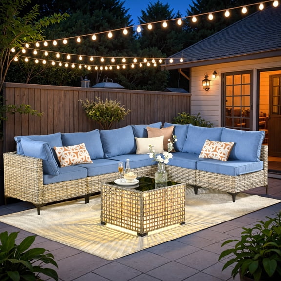 Ovios 7 Pieces Outdoor Patio Furniture Wicker Conversation Sectional with Solar Lamps Coffee Table for Backyard
