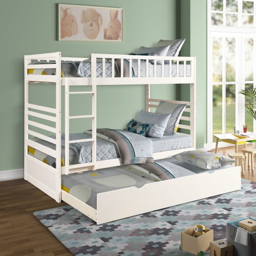 Twin Over Twin Bunk Bed With Trundle Solid Wood Bunk Bed Walmart Com Walmart Com