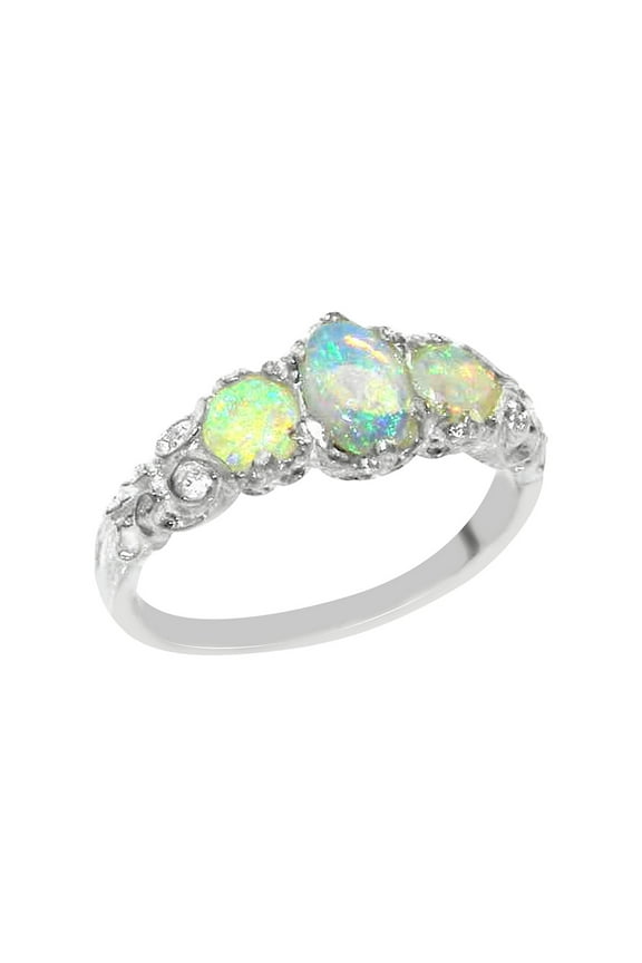 LBG 925 Sterling Silver Natural Australian Opal Womens English Vintage Style Three Stone Ring - Size 7.25