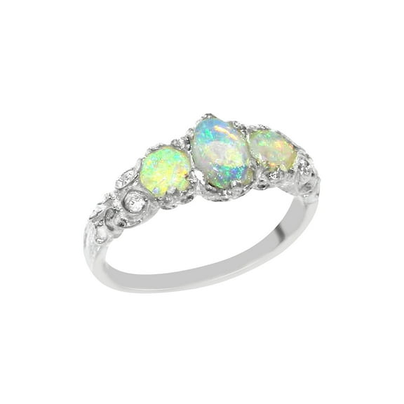 LBG 925 Sterling Silver Natural Australian Opal Womens English Vintage Style Three Stone Ring - Size 4