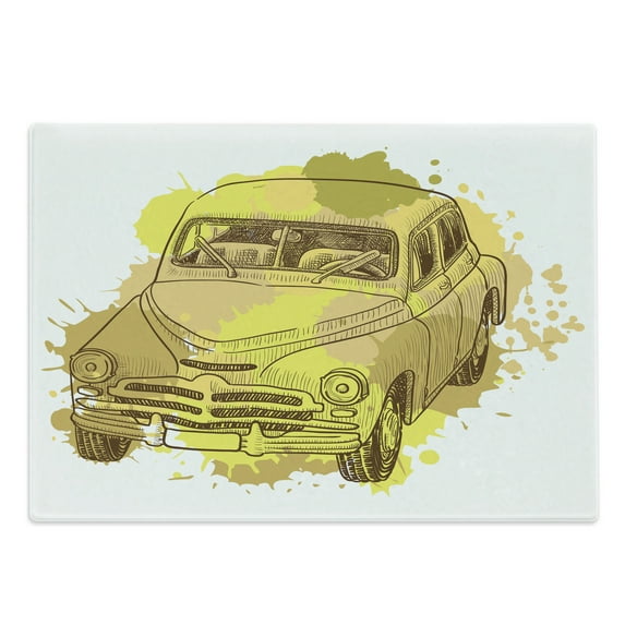 Grunge Cutting Board, Retro Car with Digital Grunge Torn Splash Dirty Graffiti Like Urban Illustration, Decorative Tempered Glass Cutting and Serving Board, Large Size, Green Mustard, by Ambesonne