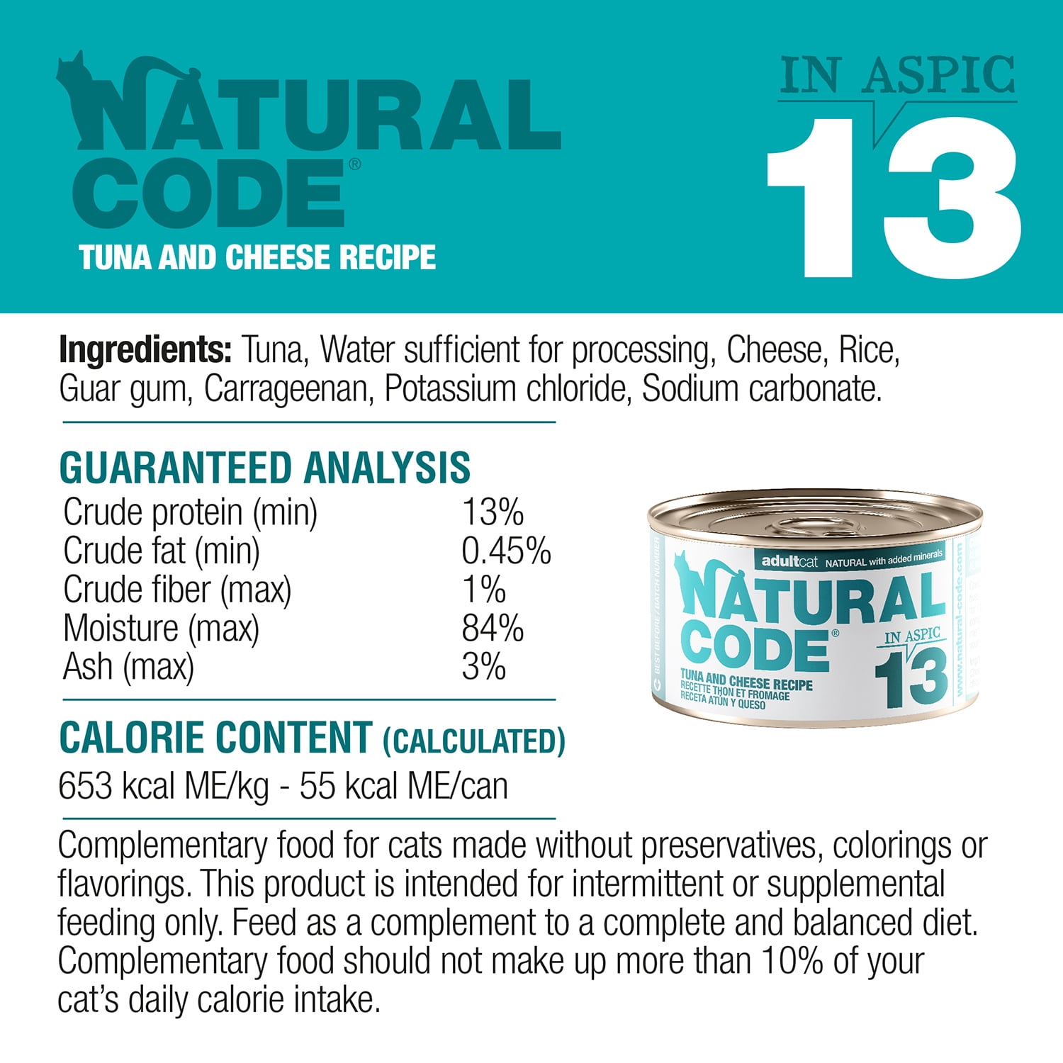 Natural Code - Wet Cat Food, Limited Ingredient Cat Food, High-Protein, Non-GMO, No Artificial Additives, Made In Italy, Tuna and Cheese in Broth for Adult Cats (3 oz, 24 Pack)