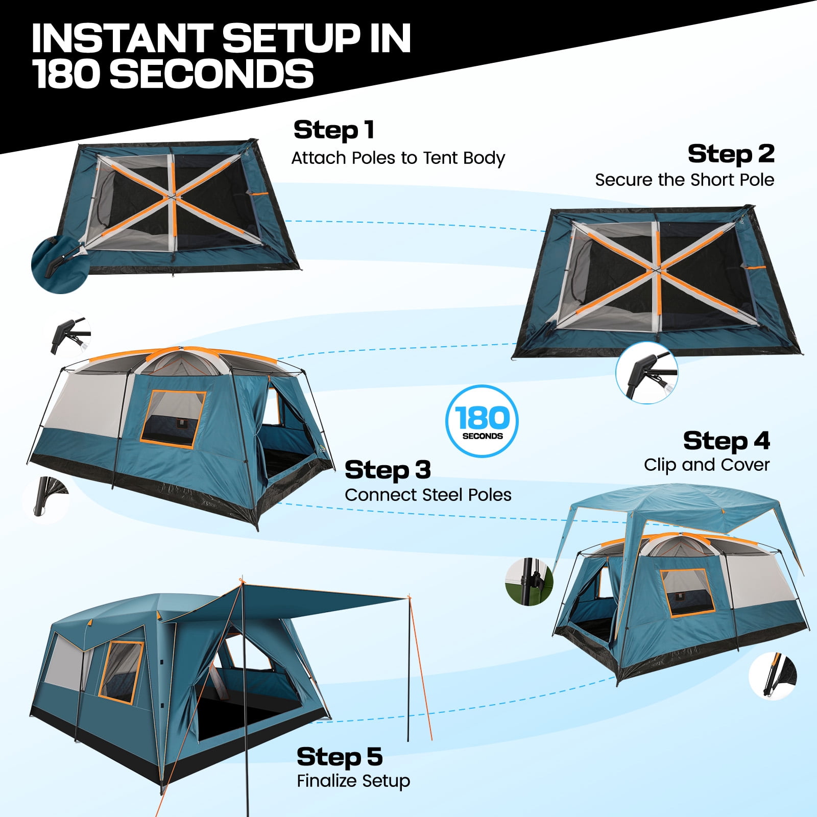 HOTEEL 10 Person Camping Tent Family Tents, Instant Cabin Tents, Family Cabin Multi Room Pop Up Tents Car Camping for Parties, Music Festival Tent, Big, Easy Up, Included Storage Pockets, Blue
