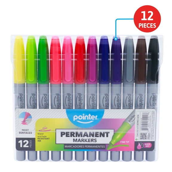 Pointer Permanent Markers, Fine Tip, Assorted Colors, 12 Count