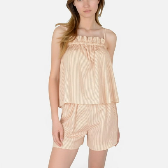 Lounge Women's Striped Pajama Set with Ruffle Trim Cami Top and Relaxed Fit Shorts - Small, Yellow