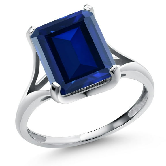 Gem Stone King 14K White Gold Blue Created Sapphire Solitaire Engagement Ring for Women (5.80 Cttw, Emerald Cut 11x9MM)