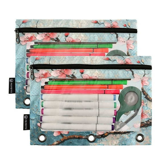 Ckdifva Cherry Flowers Painting Pencil Pouch 3 Ring Zipper Pencil Case Binder Pockets Clear Top Cosmetic Bag 2 Pack