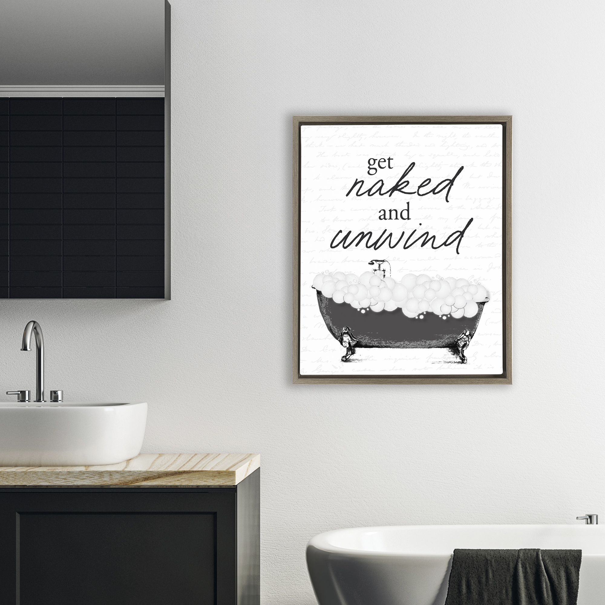 Unwind Bubble Bath Brown Framed Floater Canvas Wall Art, design by Lettered and Lined