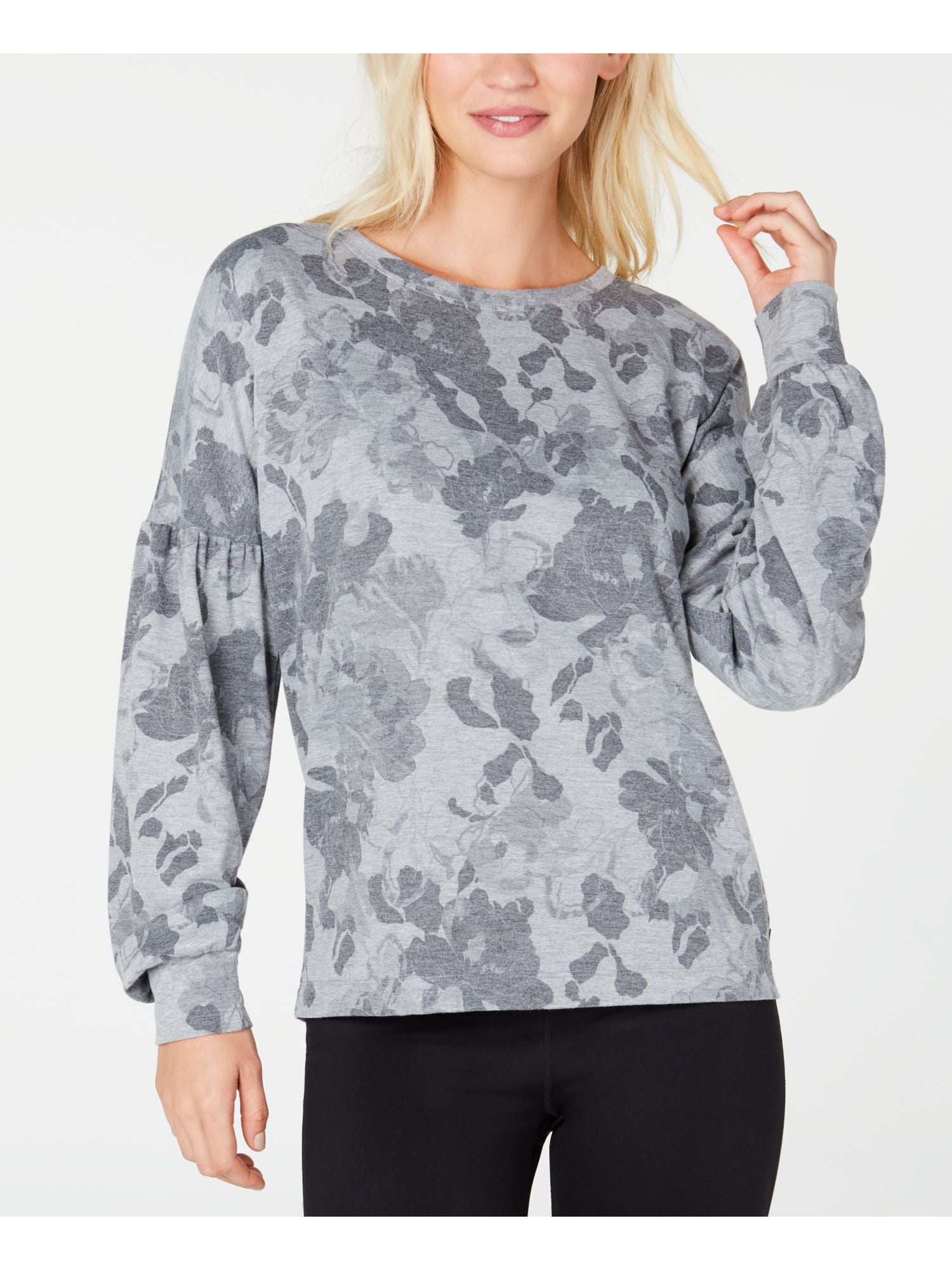 IDEOLOGY Womens Gray Puffed Sleeved Printed Long Sleeve Crew Neck T