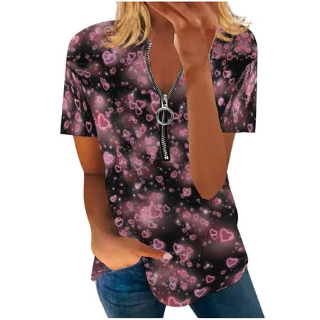 

Short Sleeve Shirts for Women Summer Plus Size Floral Zip Up V Neck T-Shirts Bra Tops for Women