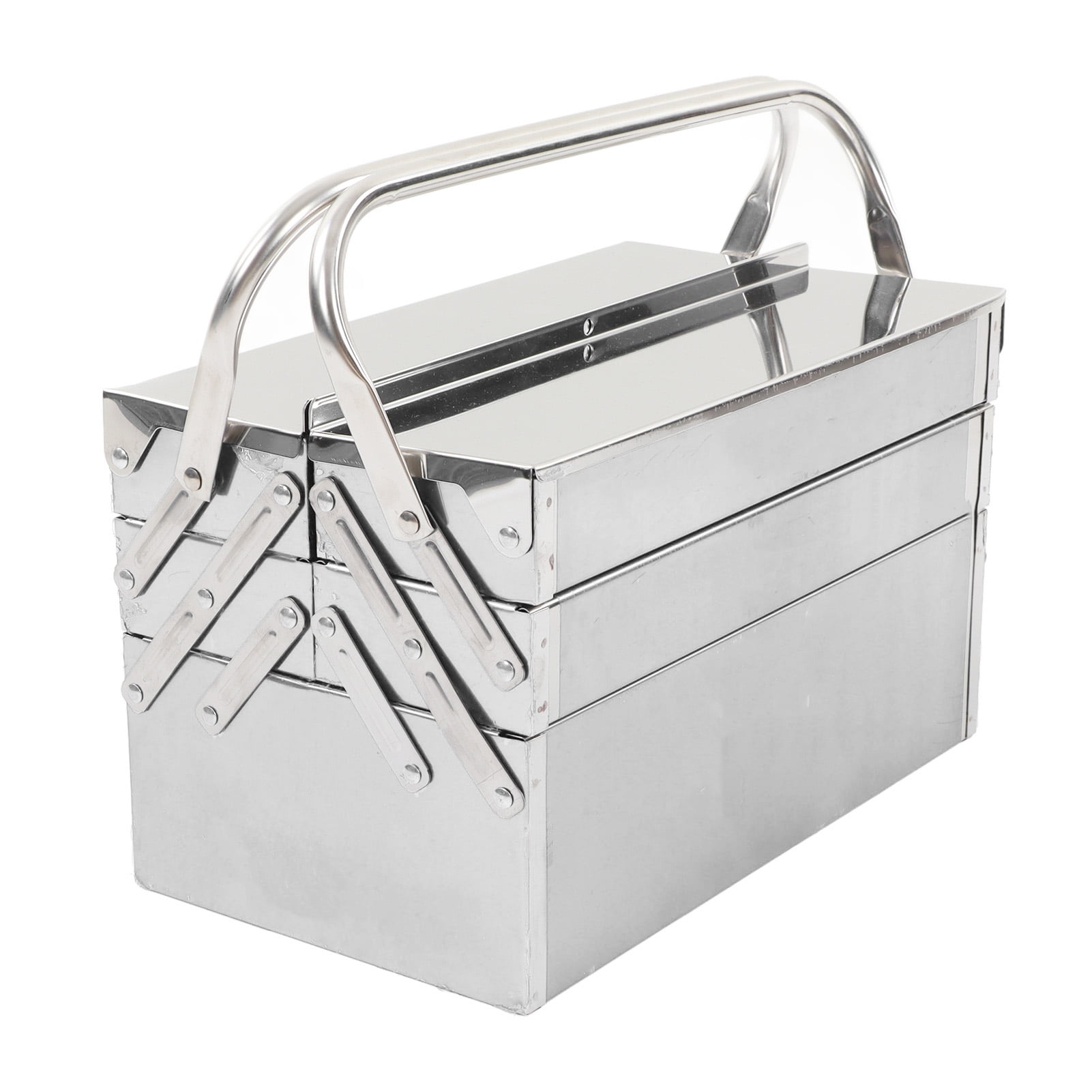 Tool Box, Portable 3 Layers Metal Tool Box, Durable Folding Tool Chest Organizer With 5 Stainless Steel Cantilever Tool Trays, Keyhole For Garage Trunk, Household, Office