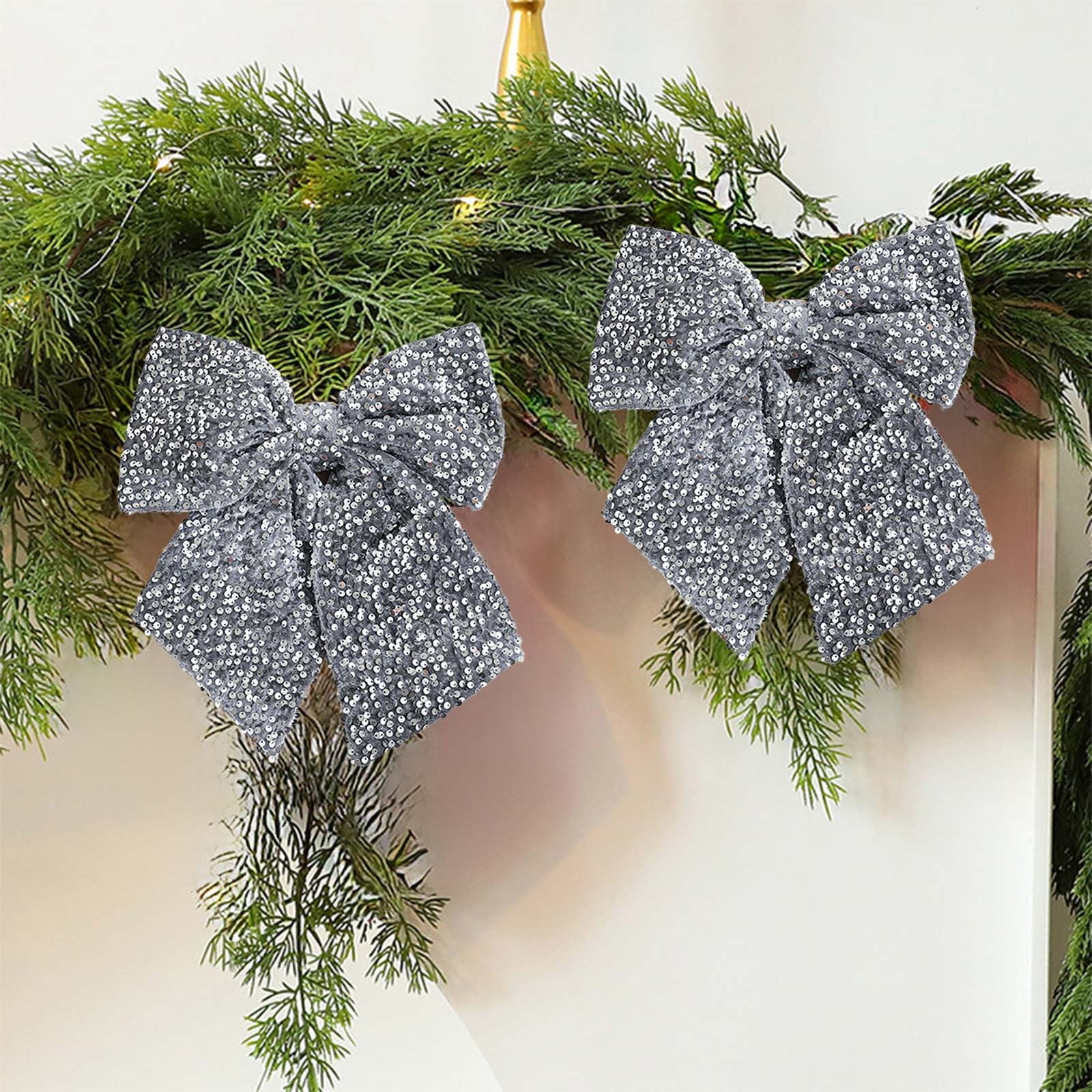 4 PCS Small Christmas Bow 10x8 Inches Velvet Ribbon with Sequins Glitter Decoration for Christmas Tree Gift Wrapping Party Decor Lightweight Holiday Ornament