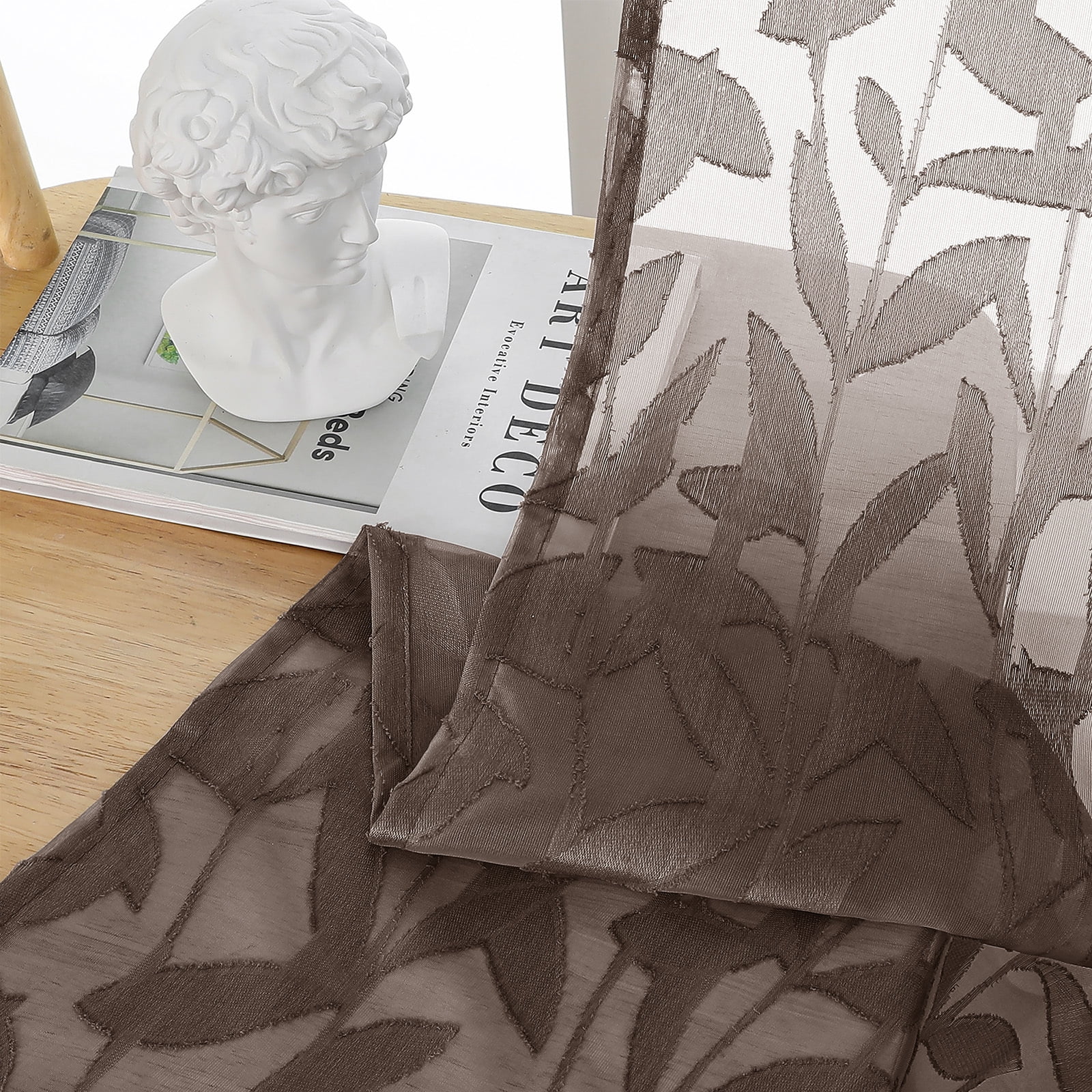 OVZME Leila Chocolate Sheer Curtains 54 Inch Length 2 Panels Set, Light Filtering Textured Leaf Jacquard Small Window Curtain for Living Room Bedroom Rod Pocket, Each 40"Wx54"L, Chocolate