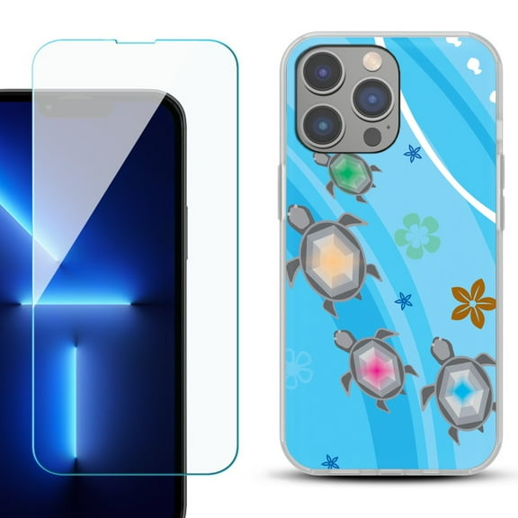 Slim-Fit Gel TPU Phone Case for iPhone 14 Pro Max, with Tempered Glass Screen Protector, by OneToughShield ® - Happy Turtle