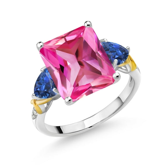 Gem Stone King 925 Silver and 10K Yellow Gold Pink Created Sapphire Blue Created Sapphire and Diamond 3 Stone Ring for Women (7.70 Cttw, September Birthstone, Emerald Cut 12X10MM, Size 7)