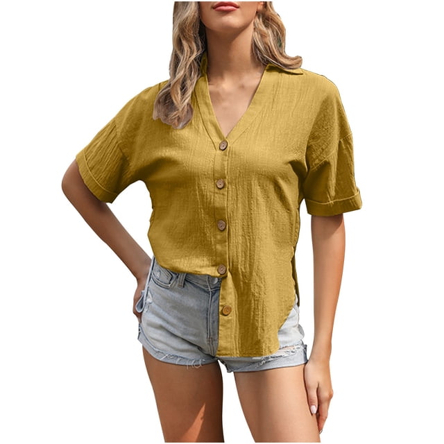 AherBiu Short Sleeve Shirts for Women Button V Neck Cotton Linen Lightweight Split Summer Tops Blouse