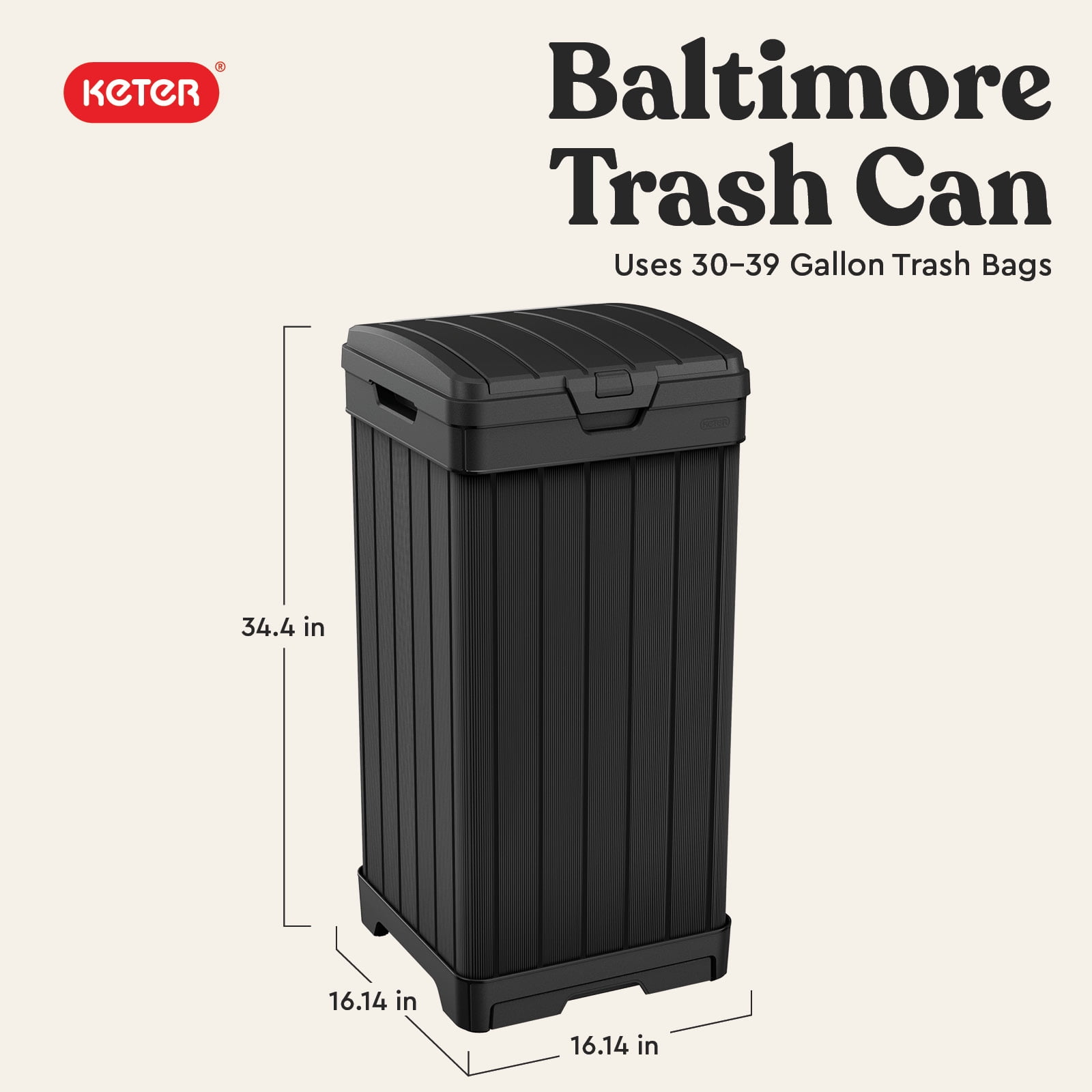 Keter Baltimore 38 Gallon Resin Outdoor Kitchen Trash Can Duotech Garbage Can, Black Woodlook