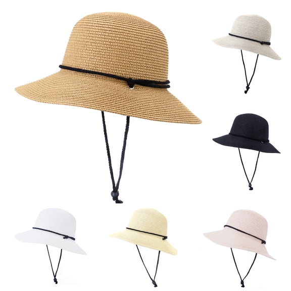 Women's Straw Bucket Hat with Chin Strap Adjustable Casual Summer Sun Fisherman Hat