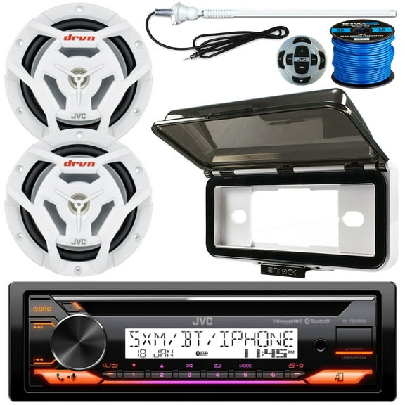 Single DIN Marine Bluetooth USB AUX AM/FM Radio CD Player Receiver Bundle Combo with 2x 6.5" 150W Max 2-Way White Waterproof Boat Audio Speakers, Wired Remote, Receiver Shield, Antenna, Wiring