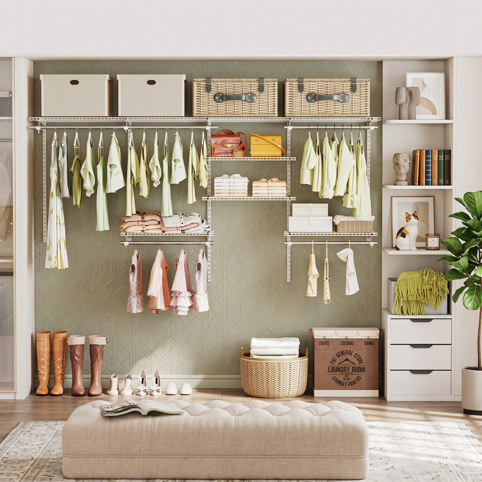 Furnibear 4 to 8 FT Wall Mounted Closet Organizer System with 7 Shelves and 5 Hanging Rods for Bedroom and Laundry Room, White