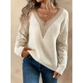 thumbnail image 6 of Womens Long Sleeve Sweaters Fall Trendy Lace V Neck Knit Drop Shoulder Pullover Sweater Jumper Tops Milky XL, 6 of 9