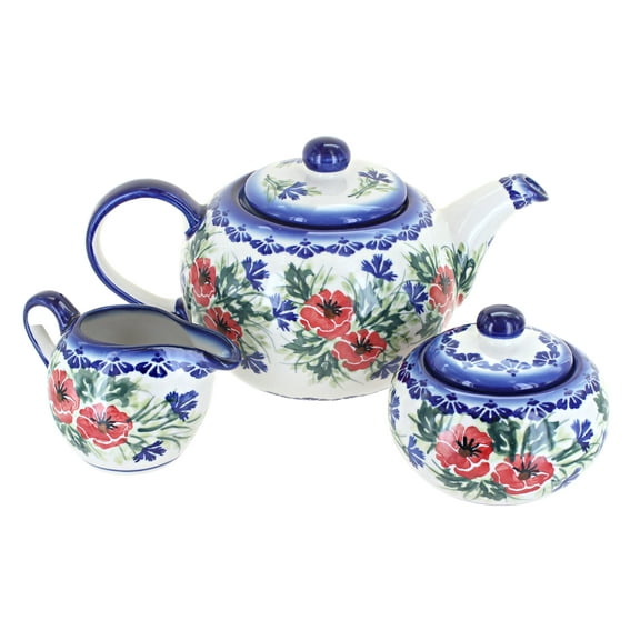 Blue Rose Polish Pottery Cherry Red Bouquet 3 Piece Tea Set