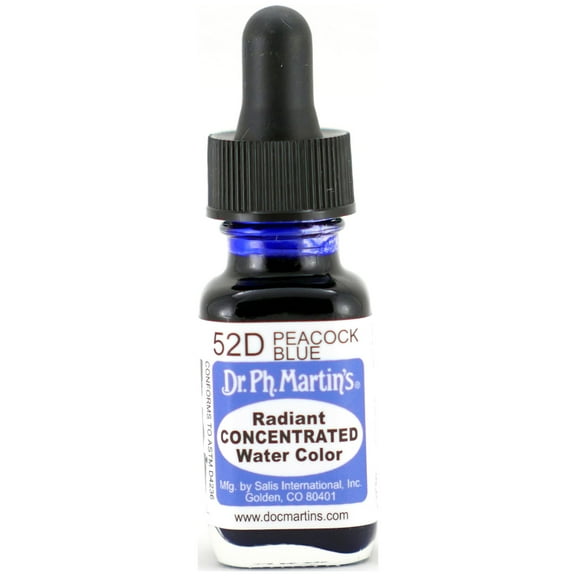 Dr. Ph. Martin's® Radiant Concentrated Water Color (52D) Watercolor Bottle, ½ US fl oz, Peacock Blue, 1 Bottle