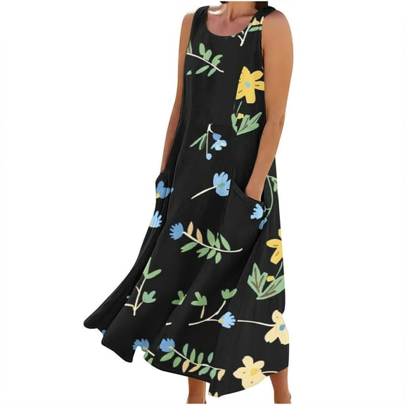 BangWanChi Summer Dresses for Women New Women's Sleeveless Cotton and Linen Round Neck Printed Long Dress