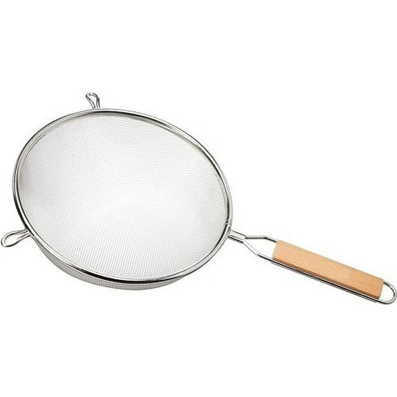 Soro Essentials- 8" Stainless Steel Single Fine Mesh Strainer with Wooden Handle- Kitchen Food Strainer Perfect for Sift Drain Straining Liquids Stocks Sauces and Soups Pasta