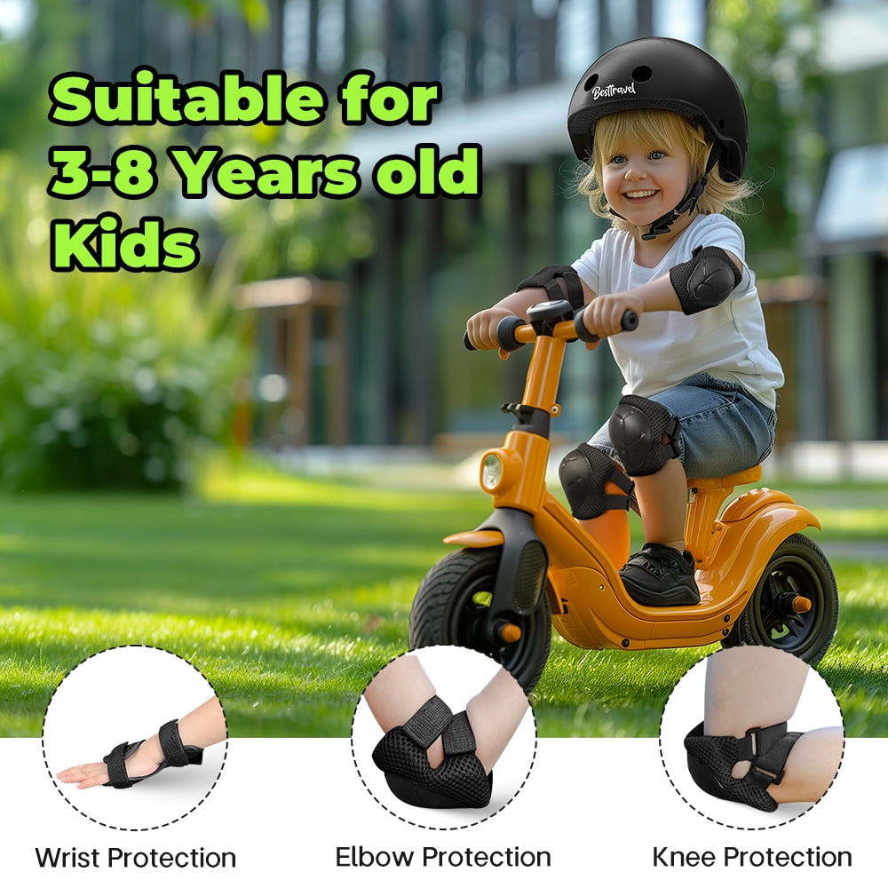Kids Bike Helmet & Protective Gear Set for Toddlers Age 3-8, Adjustable for Cycling & Skateboarding - Black