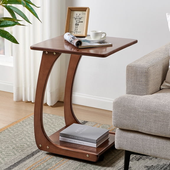 MLRDWLS Emerson Solid Wood C Shaped End Table with Wheels, Walnut Color